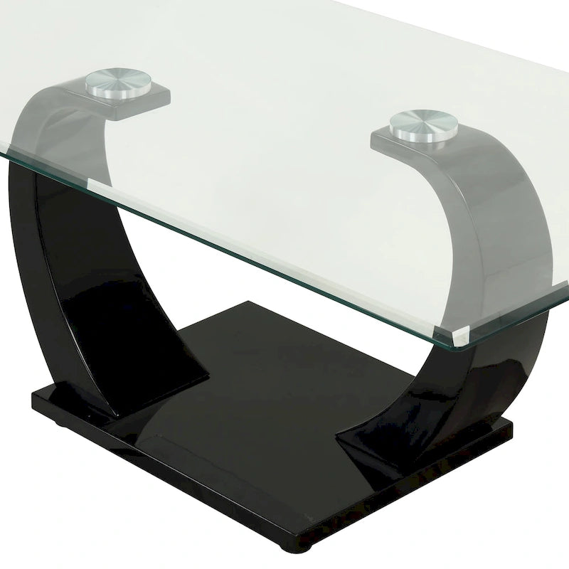 Contemporary 50" Glass Top Coffee Table with Wave Pedestal Base