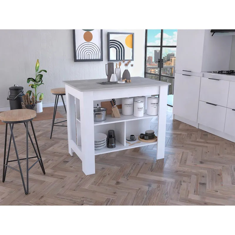Îlot de cuisine avec quatre pieds, trois étagères