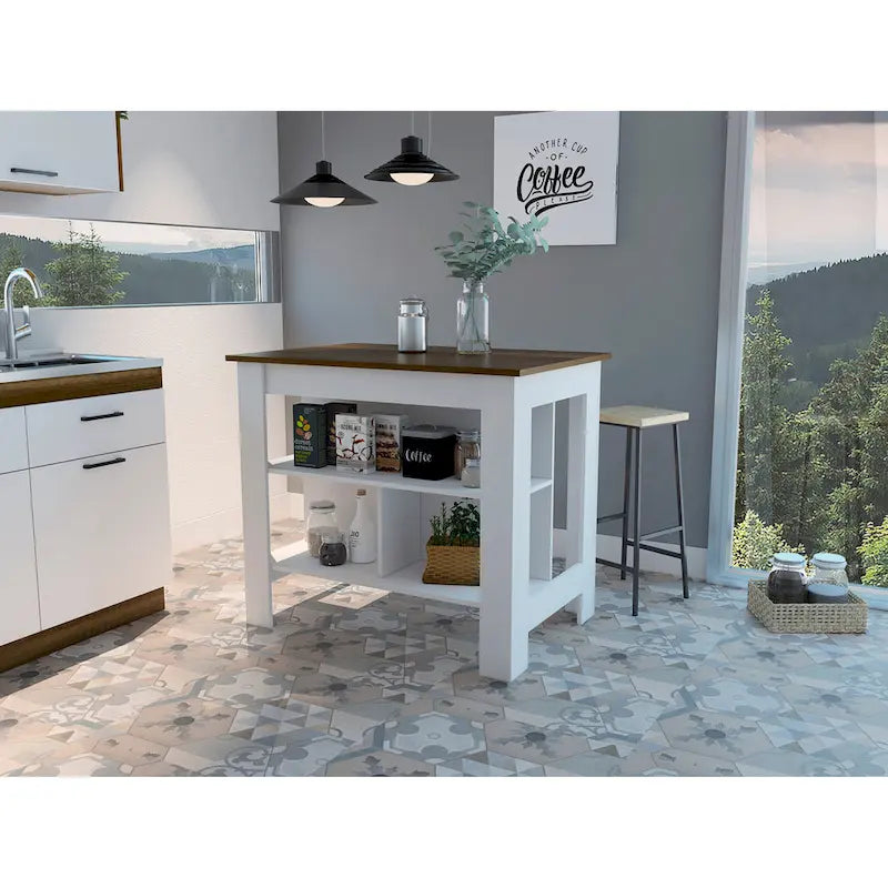 Îlot de cuisine avec quatre pieds, trois étagères