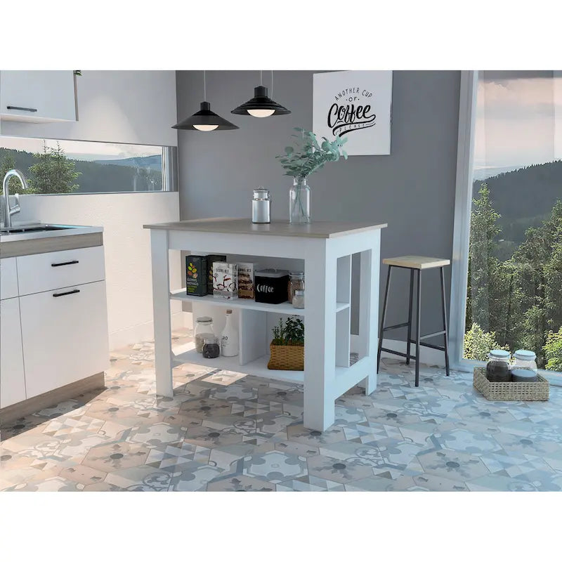 Îlot de cuisine avec quatre pieds, trois étagères