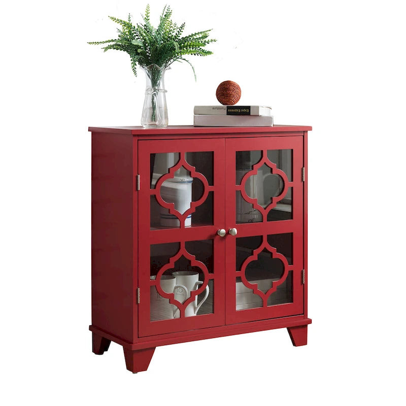 Console en bois finition rouge avec portes vitrées marocaines