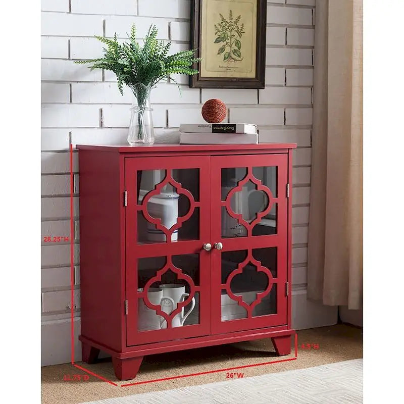 Red Finish Wood Console Table with Moroccan Glass Panel Doors