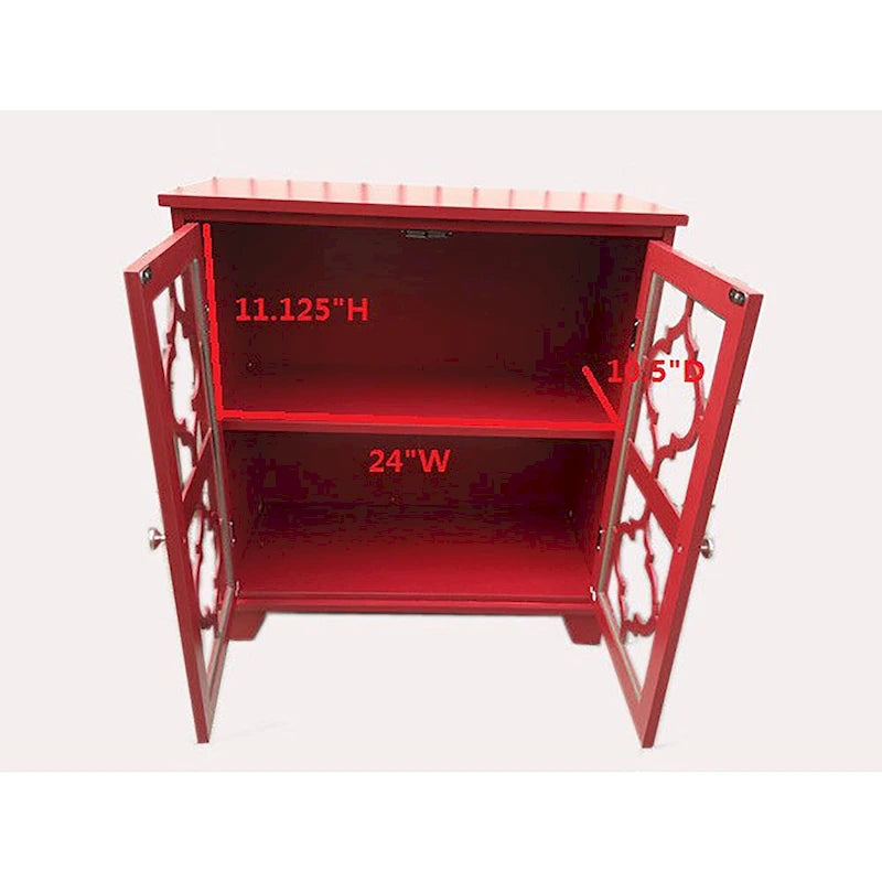 Red Finish Wood Console Table with Moroccan Glass Panel Doors