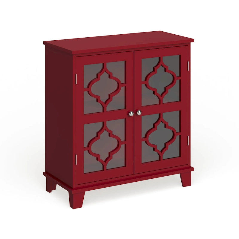 Red Finish Wood Console Table with Moroccan Glass Panel Doors