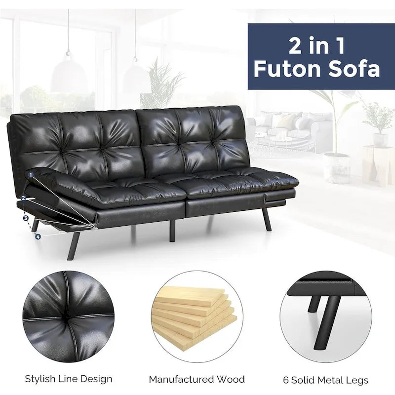 Futon Sofa Bed, Memory Foam Foldable Couch Convertible Loveseat Sleeper with Adjustable Armrests