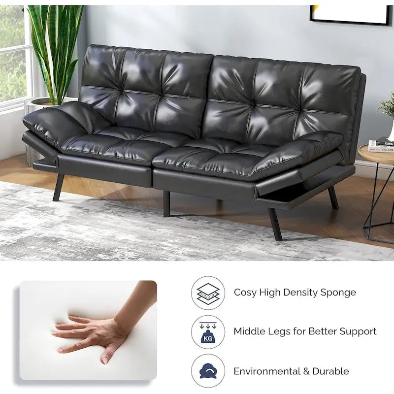 Canapé-lit futon, causeuse convertible pliable en mousse à mémoire de forme avec accoudoirs réglables