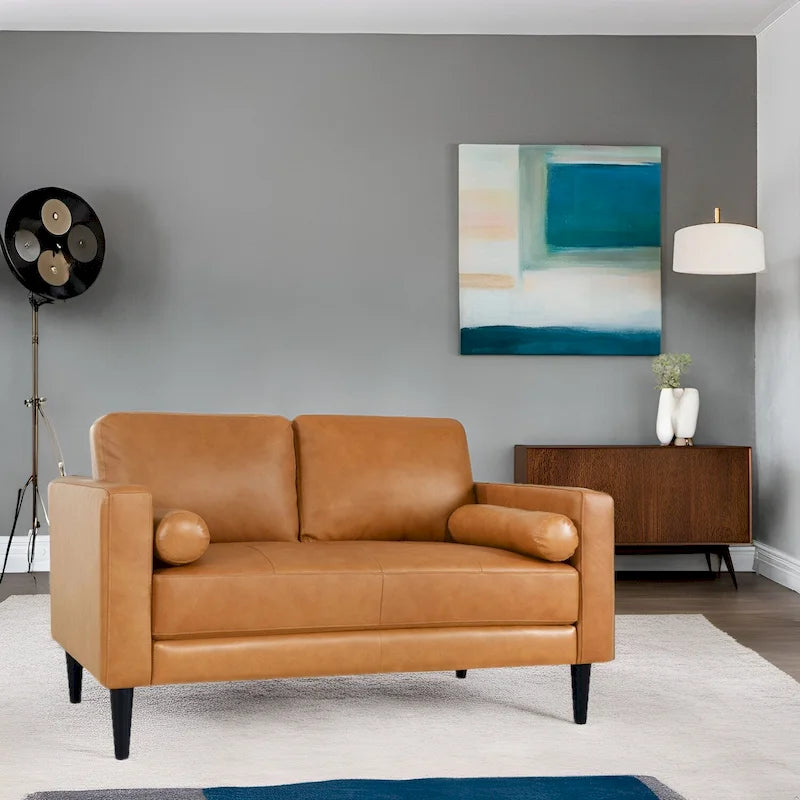 Causeuse de luxe en cuir de vachette avec coussins fermes, design spacieux à 2 places et traversins