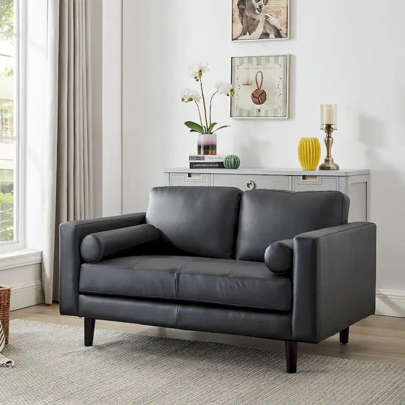 Luxury Cowhide Leather Loveseat with Firm Cushions, Spacious 2-Seat Design, and Bolster Pillows