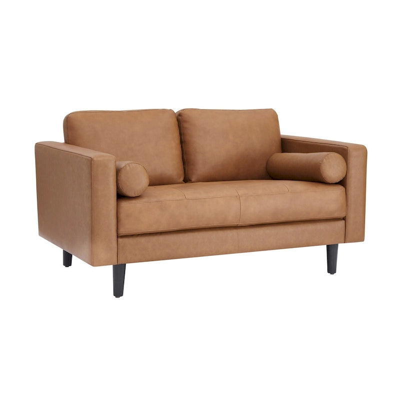 Luxury Cowhide Leather Loveseat with Firm Cushions, Spacious 2-Seat Design, and Bolster Pillows
