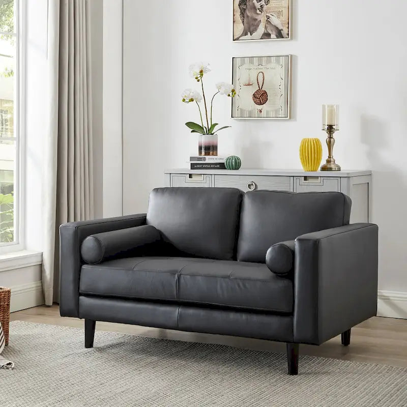 Causeuse de luxe en cuir de vachette avec coussins fermes, design spacieux à 2 places et traversins