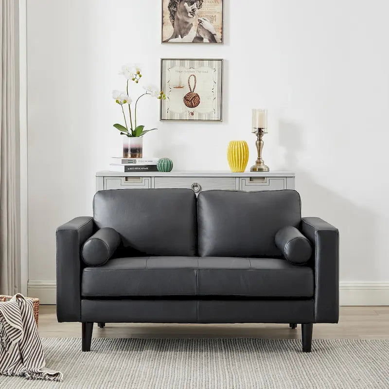 Causeuse de luxe en cuir de vachette avec coussins fermes, design spacieux à 2 places et traversins