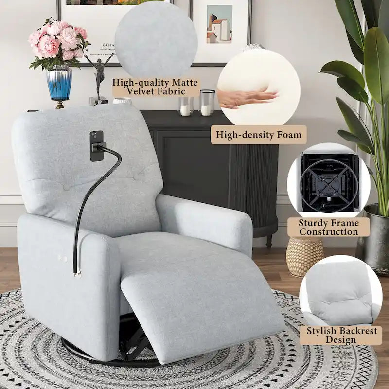 270 Degree Swivel Electric Recliner Home Theater Seating Single Reclining Sofa Rocking Motion Recliner with a Phone Holder for L