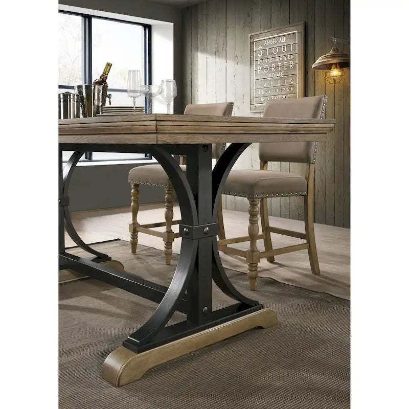 Table à manger hauteur comptoir, finition bois flotté clouté, 6 places