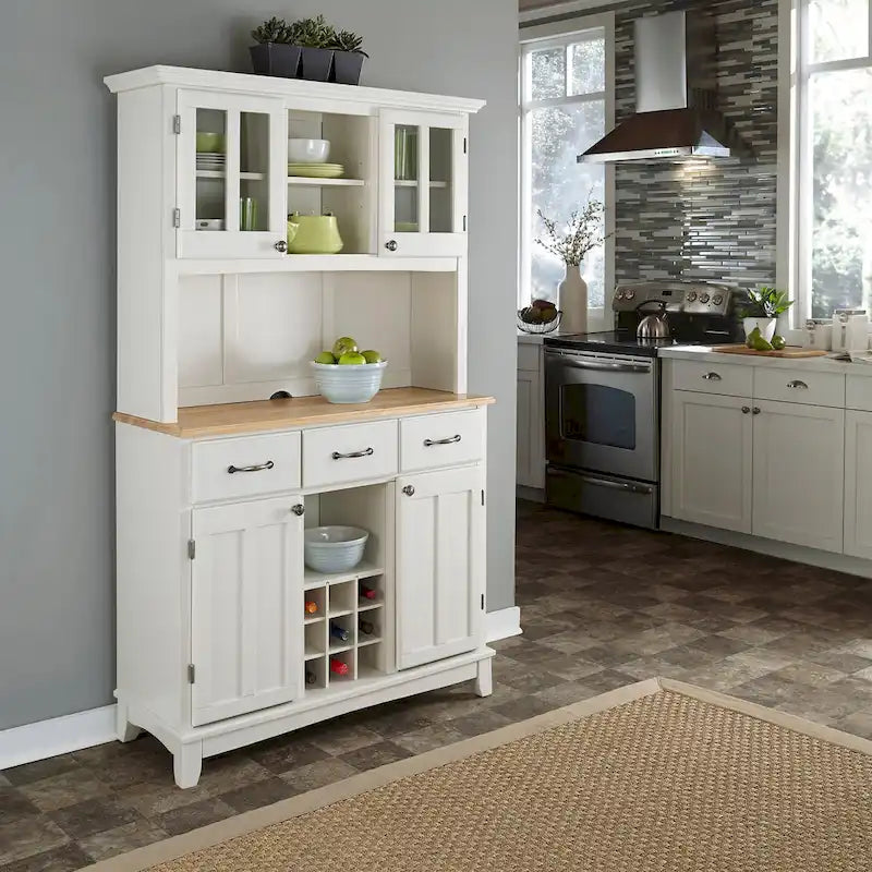 Serveur blanc cassé avec huche et plateau en bois