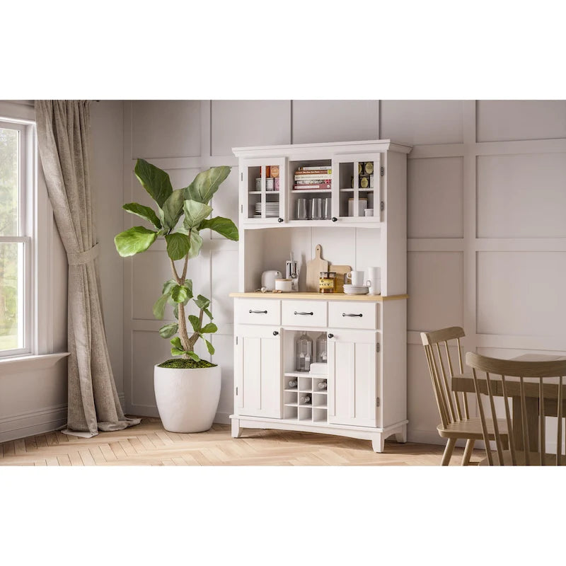 Serveur blanc cassé avec huche et plateau en bois