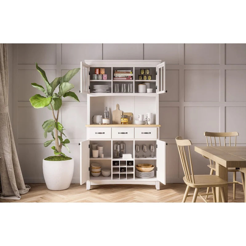 Serveur blanc cassé avec huche et plateau en bois