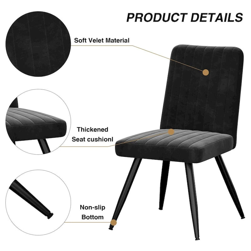 Black Velvet Dining Chairs Set of 2, Upholstered Armless Kitchen Side Chairs