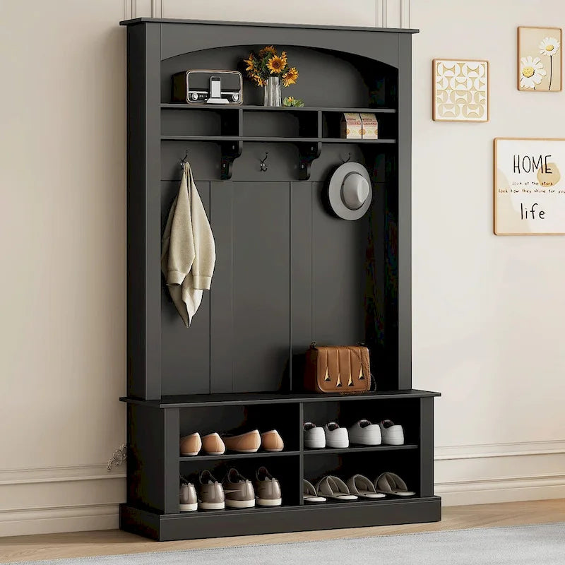 47.2 Wide Hall Tree with Bench and Shoe Storage: Multi-functional with 3 Hooks, Open Storage, Rectangle Shelves
