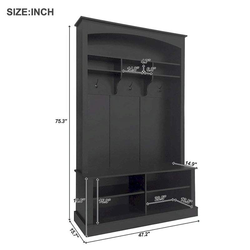 47.2 Wide Hall Tree with Bench and Shoe Storage: Multi-functional with 3 Hooks, Open Storage, Rectangle Shelves