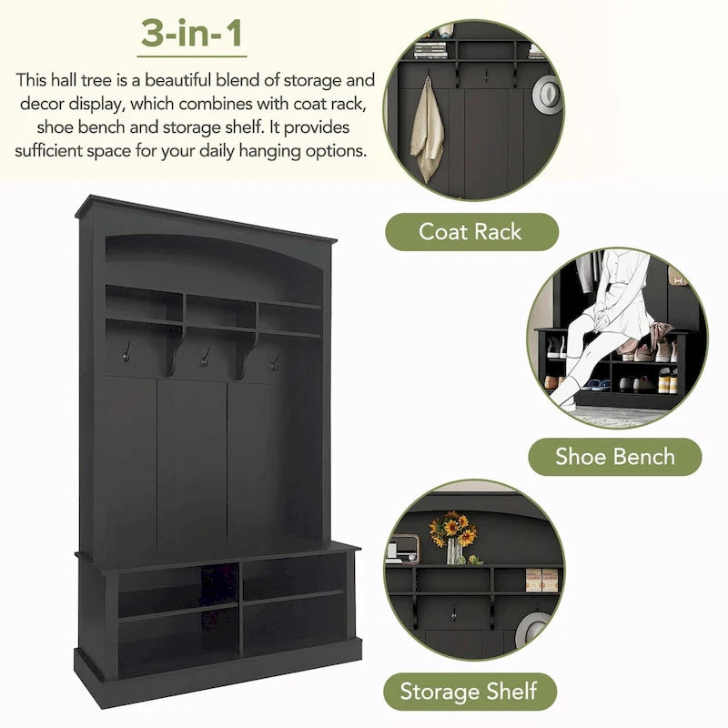 47.2 Wide Hall Tree with Bench and Shoe Storage: Multi-functional with 3 Hooks, Open Storage, Rectangle Shelves