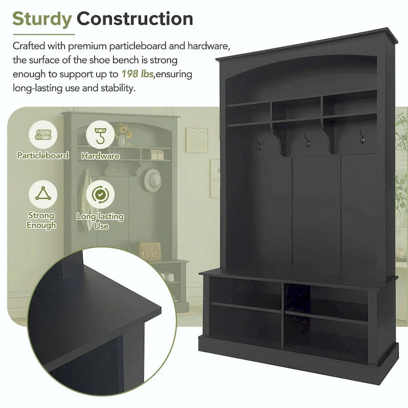 47.2 Wide Hall Tree with Bench and Shoe Storage: Multi-functional with 3 Hooks, Open Storage, Rectangle Shelves