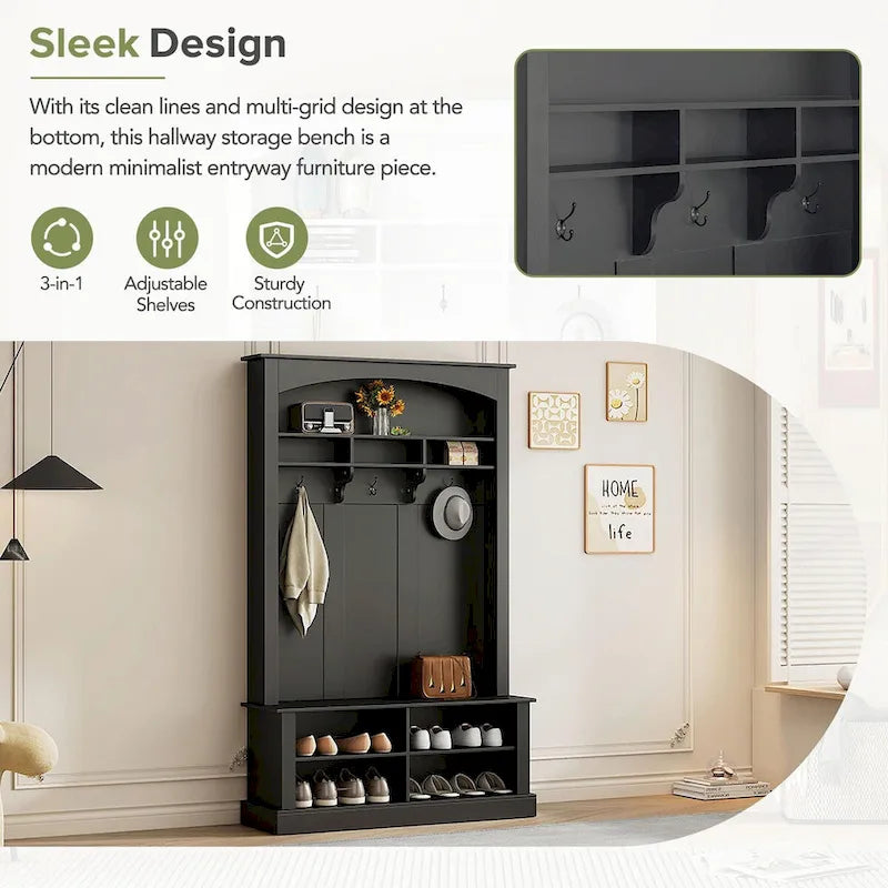 47.2 Wide Hall Tree with Bench and Shoe Storage: Multi-functional with 3 Hooks, Open Storage, Rectangle Shelves