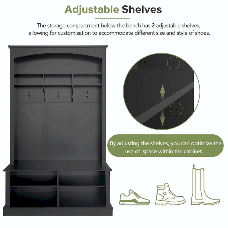 47.2 Wide Hall Tree with Bench and Shoe Storage: Multi-functional with 3 Hooks, Open Storage, Rectangle Shelves