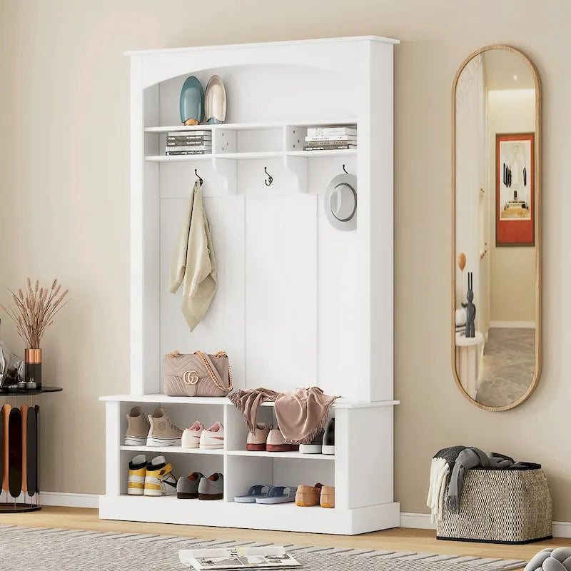 47.2 Wide Hall Tree with Bench and Shoe Storage: Multi-functional with 3 Hooks, Open Storage, Rectangle Shelves