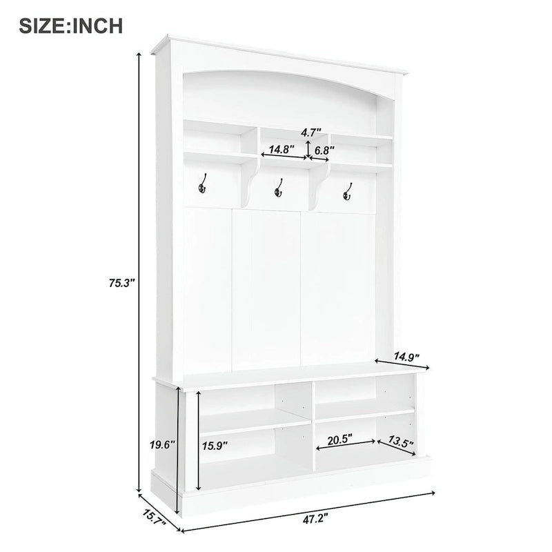 47.2 Wide Hall Tree with Bench and Shoe Storage: Multi-functional with 3 Hooks, Open Storage, Rectangle Shelves