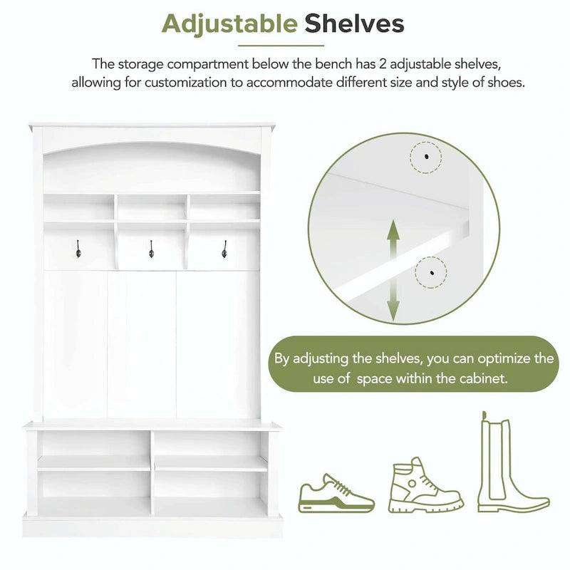 47.2 Wide Hall Tree with Bench and Shoe Storage: Multi-functional with 3 Hooks, Open Storage, Rectangle Shelves