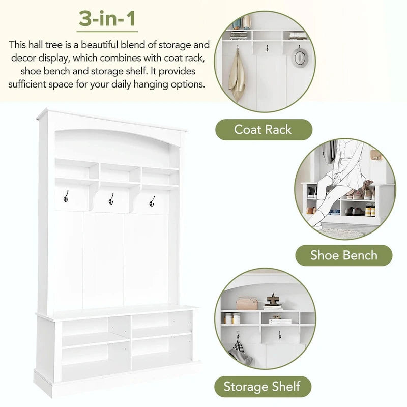 47.2 Wide Hall Tree with Bench and Shoe Storage: Multi-functional with 3 Hooks, Open Storage, Rectangle Shelves