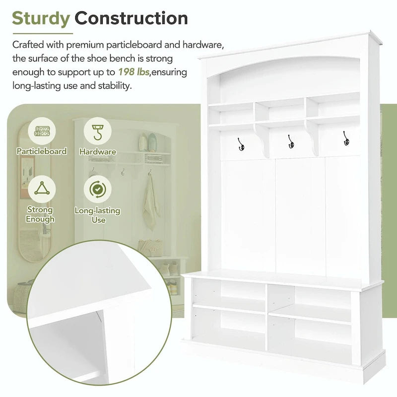47.2 Wide Hall Tree with Bench and Shoe Storage: Multi-functional with 3 Hooks, Open Storage, Rectangle Shelves