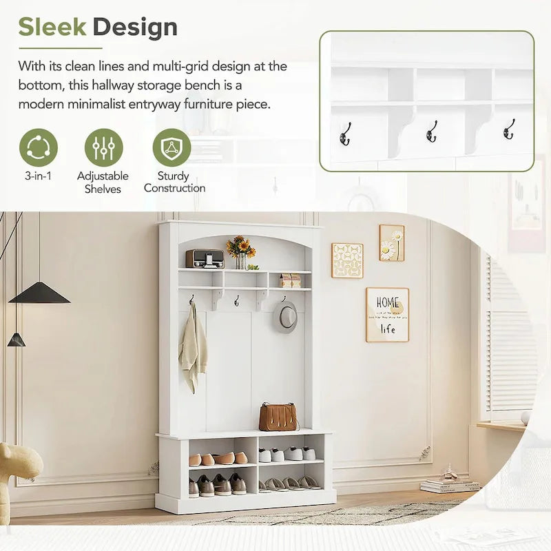47.2 Wide Hall Tree with Bench and Shoe Storage: Multi-functional with 3 Hooks, Open Storage, Rectangle Shelves