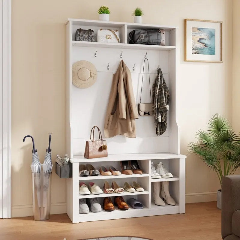 39.37 W Hall Tree, 3 in 1 Entryway Bench with Coat Rack and Shoe Storage
