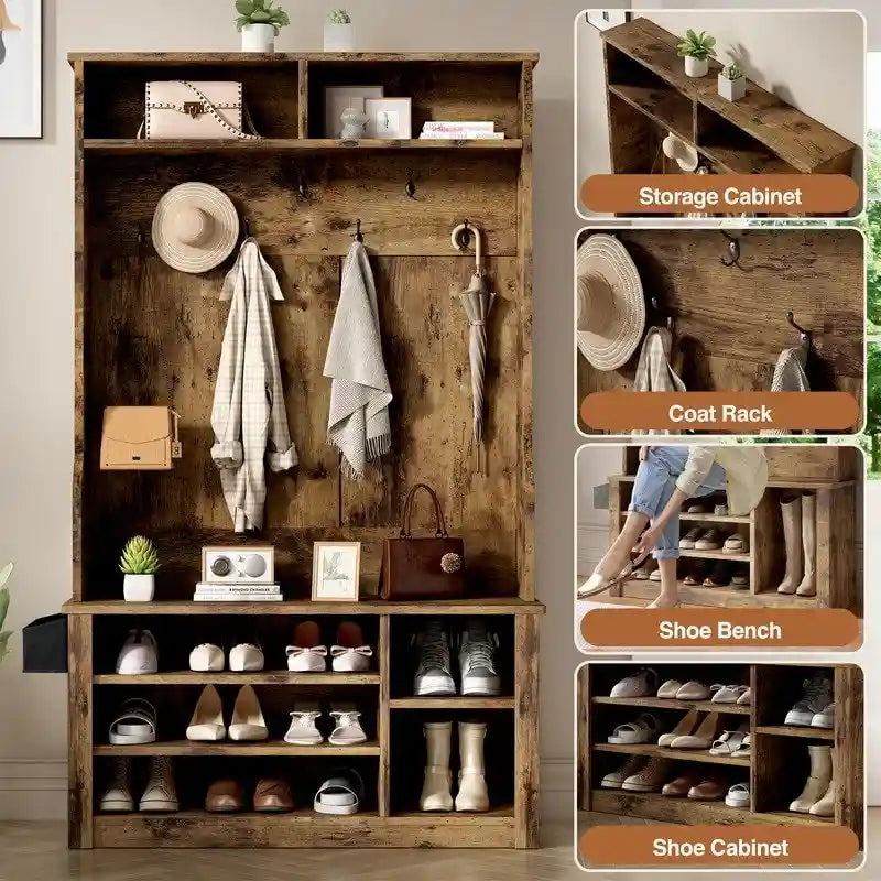 39.37 W Hall Tree, 3 in 1 Entryway Bench with Coat Rack and Shoe Storage