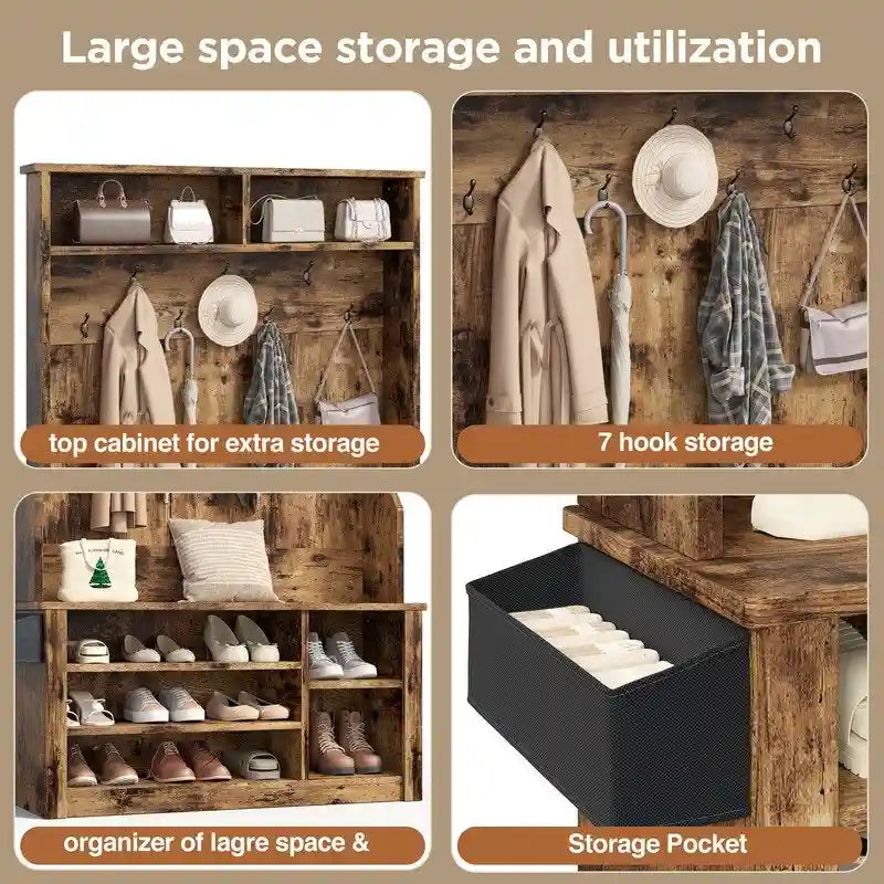 39.37 W Hall Tree, 3 in 1 Entryway Bench with Coat Rack and Shoe Storage