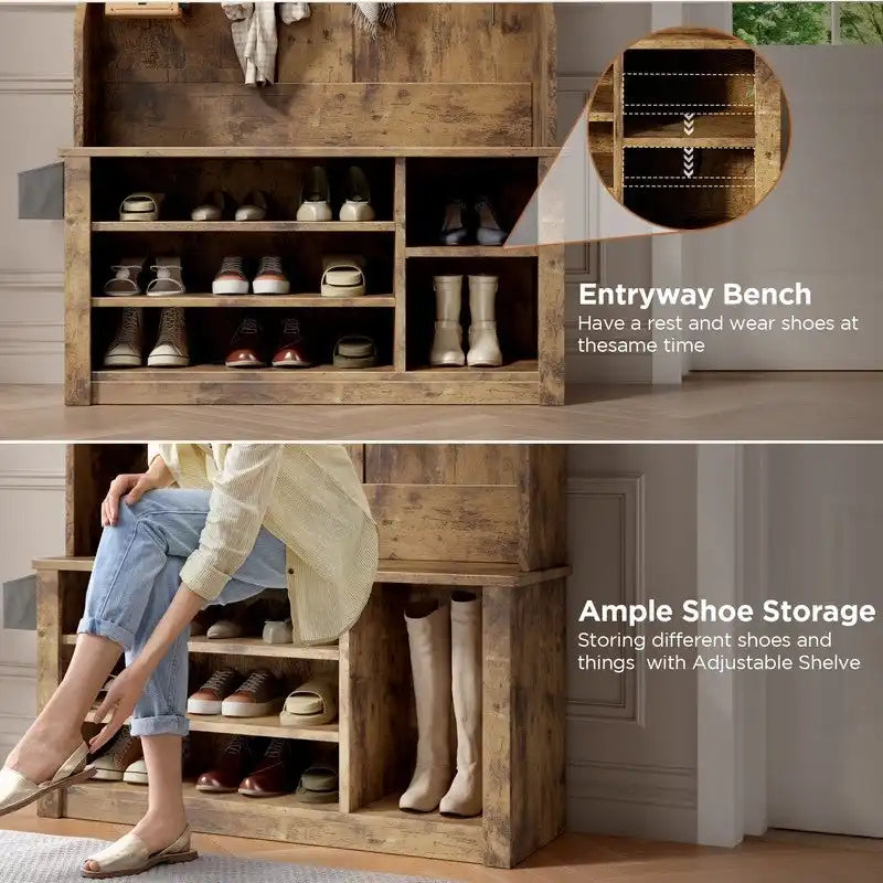 39.37 W Hall Tree, 3 in 1 Entryway Bench with Coat Rack and Shoe Storage