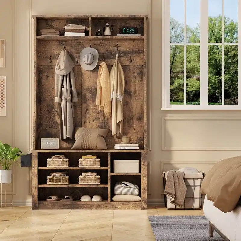 39.37 W Hall Tree, 3 in 1 Entryway Bench with Coat Rack and Shoe Storage