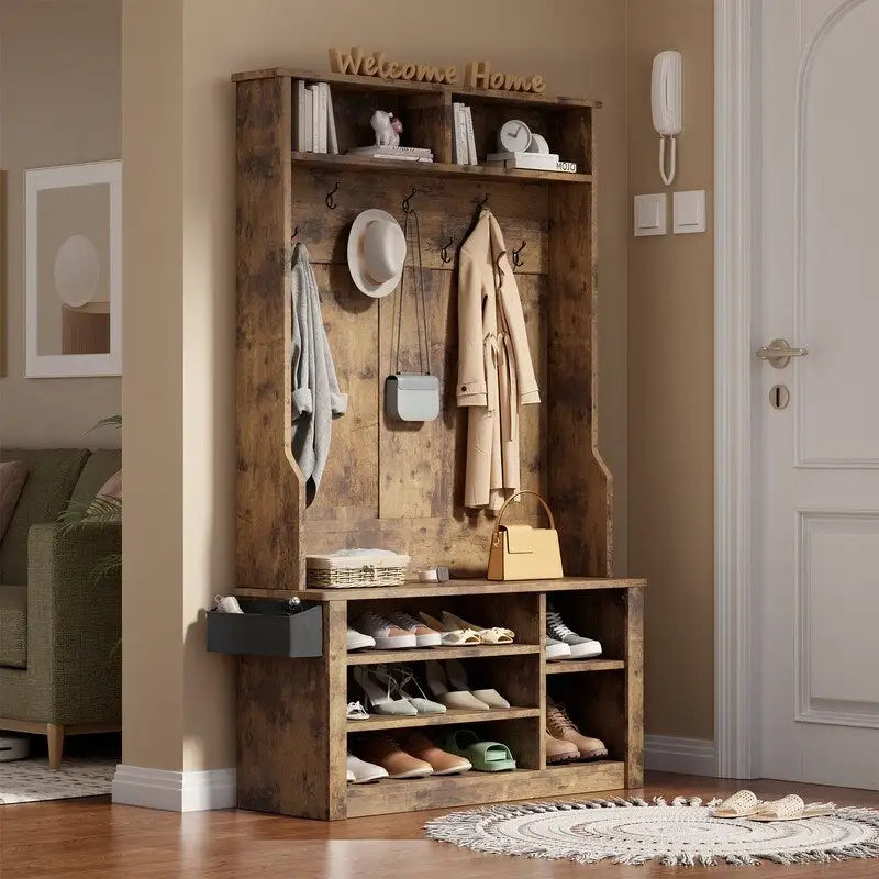 39.37 W Hall Tree, 3 in 1 Entryway Bench with Coat Rack and Shoe Storage