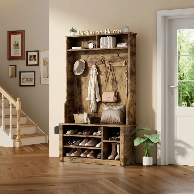 39.37 W Hall Tree, 3 in 1 Entryway Bench with Coat Rack and Shoe Storage