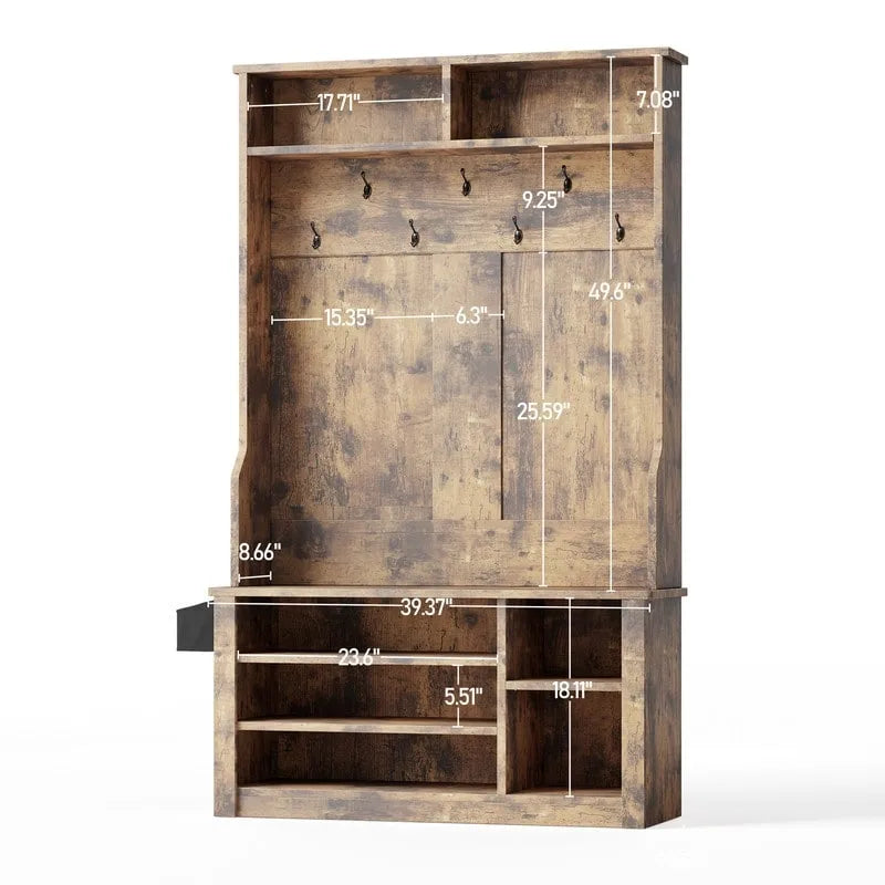 39.37 W Hall Tree, 3 in 1 Entryway Bench with Coat Rack and Shoe Storage