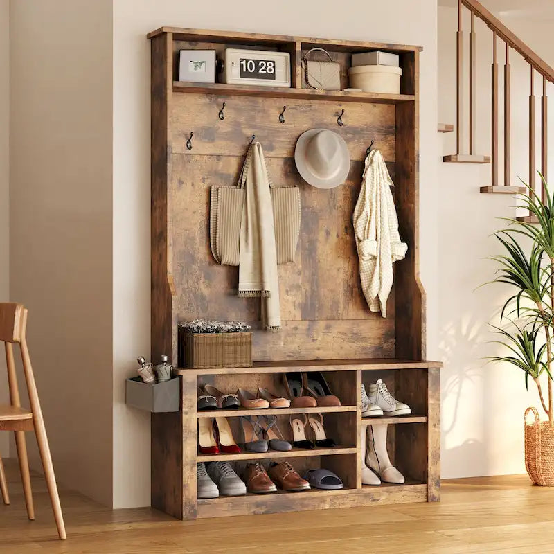 39.37 W Hall Tree, 3 in 1 Entryway Bench with Coat Rack and Shoe Storage