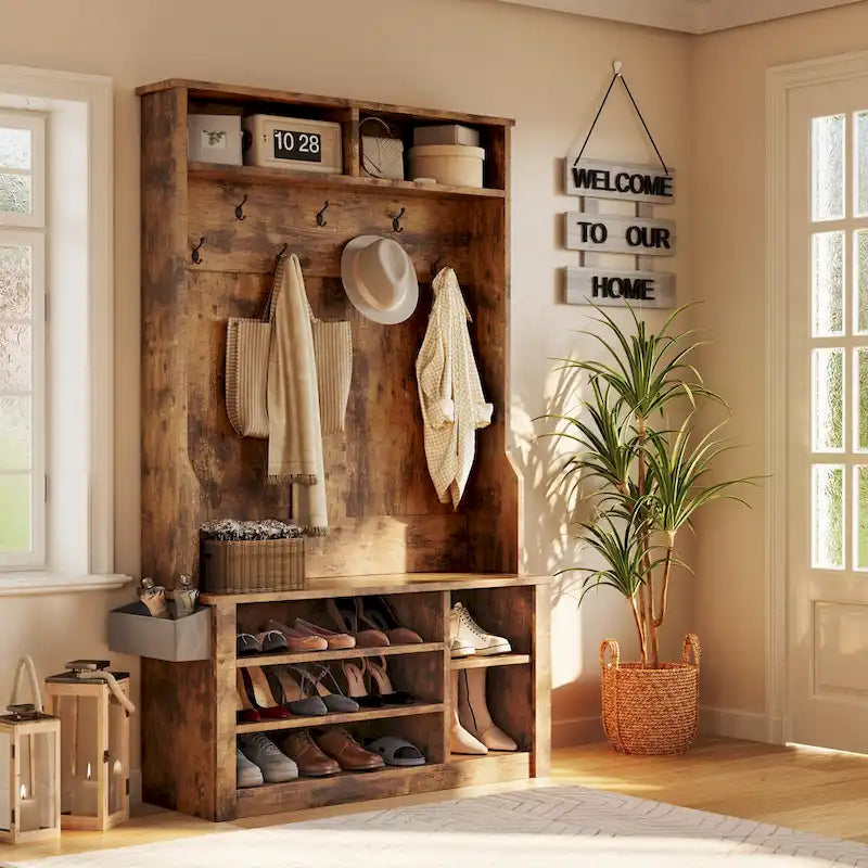 39.37 W Hall Tree, 3 in 1 Entryway Bench with Coat Rack and Shoe Storage