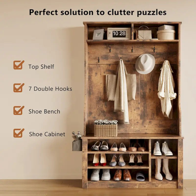 39.37 W Hall Tree, 3 in 1 Entryway Bench with Coat Rack and Shoe Storage