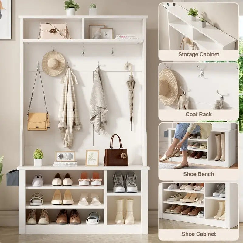 39.37 W Hall Tree, 3 in 1 Entryway Bench with Coat Rack and Shoe Storage