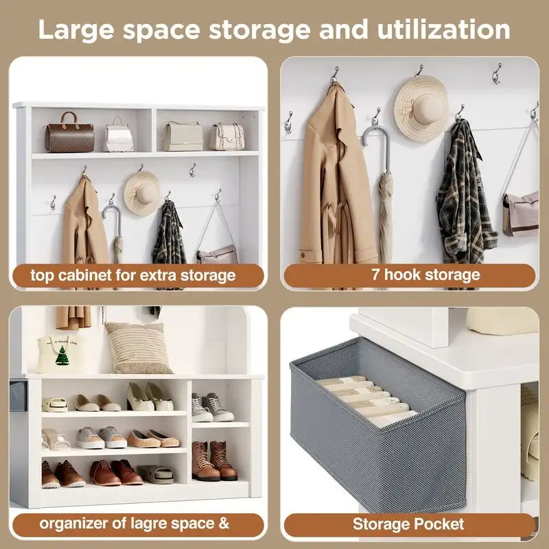 39.37 W Hall Tree, 3 in 1 Entryway Bench with Coat Rack and Shoe Storage