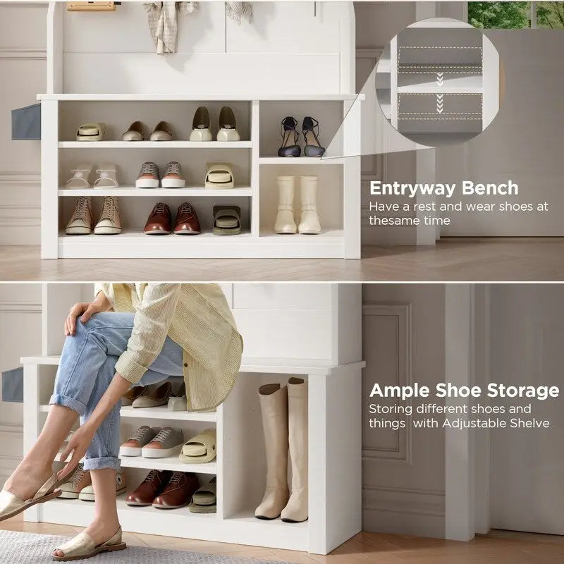 39.37 W Hall Tree, 3 in 1 Entryway Bench with Coat Rack and Shoe Storage