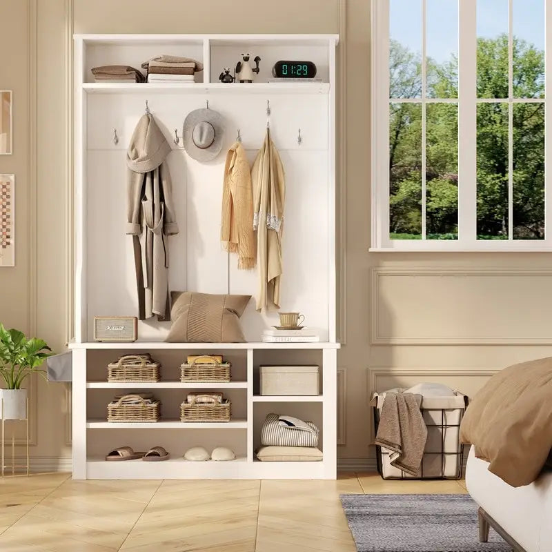 39.37 W Hall Tree, 3 in 1 Entryway Bench with Coat Rack and Shoe Storage