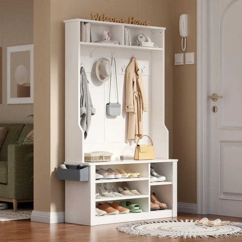 39.37 W Hall Tree, 3 in 1 Entryway Bench with Coat Rack and Shoe Storage