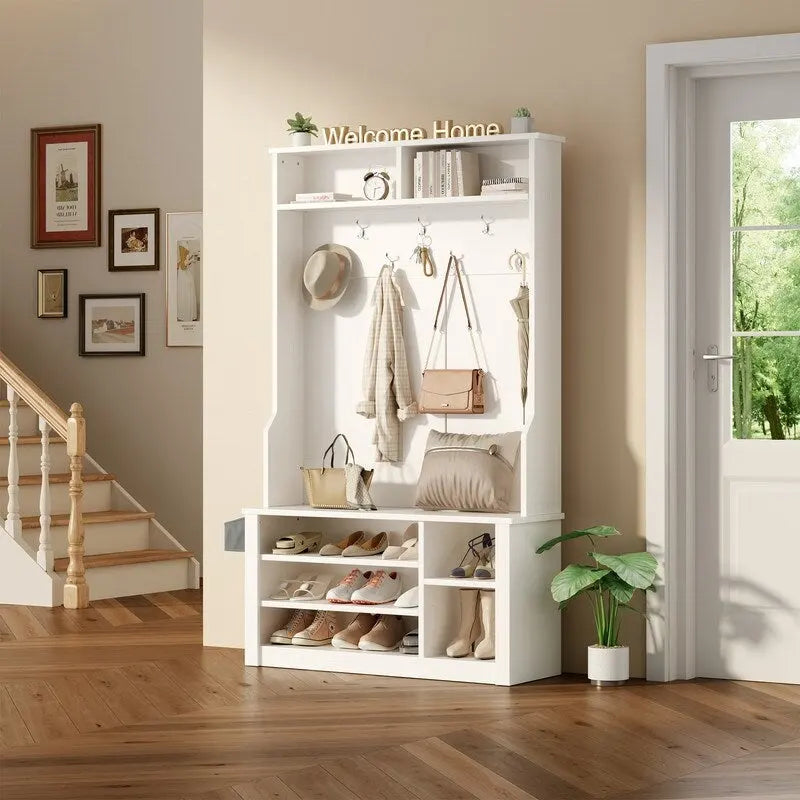 39.37 W Hall Tree, 3 in 1 Entryway Bench with Coat Rack and Shoe Storage